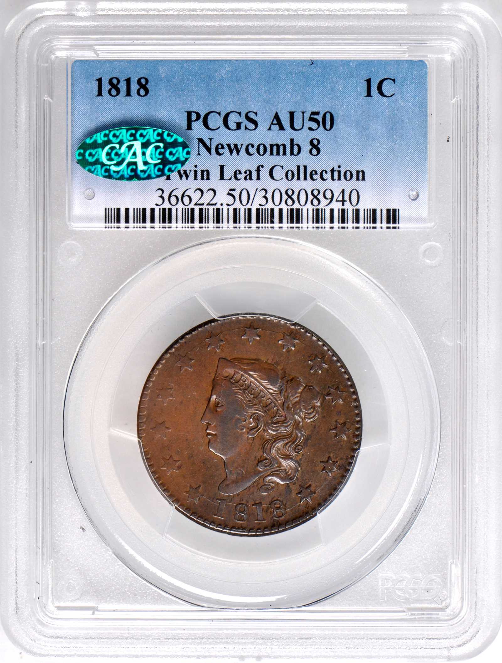 image for: 1818 Matron Head Cent. N-8. Rarity-3. Noyes Die State C/A. AU-50 (PCGS). CAC.