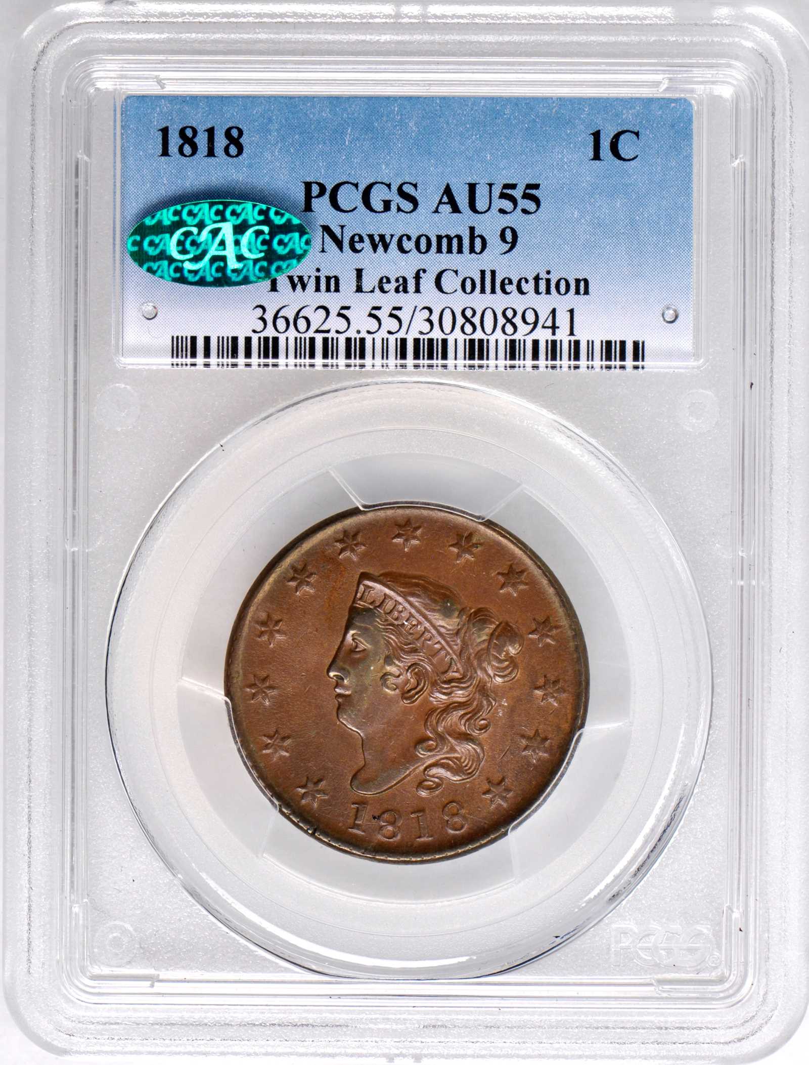 image for: 1818 Matron Head Cent. N-9. Rarity-3. Noyes Die State B/B. AU-55 (PCGS). CAC.