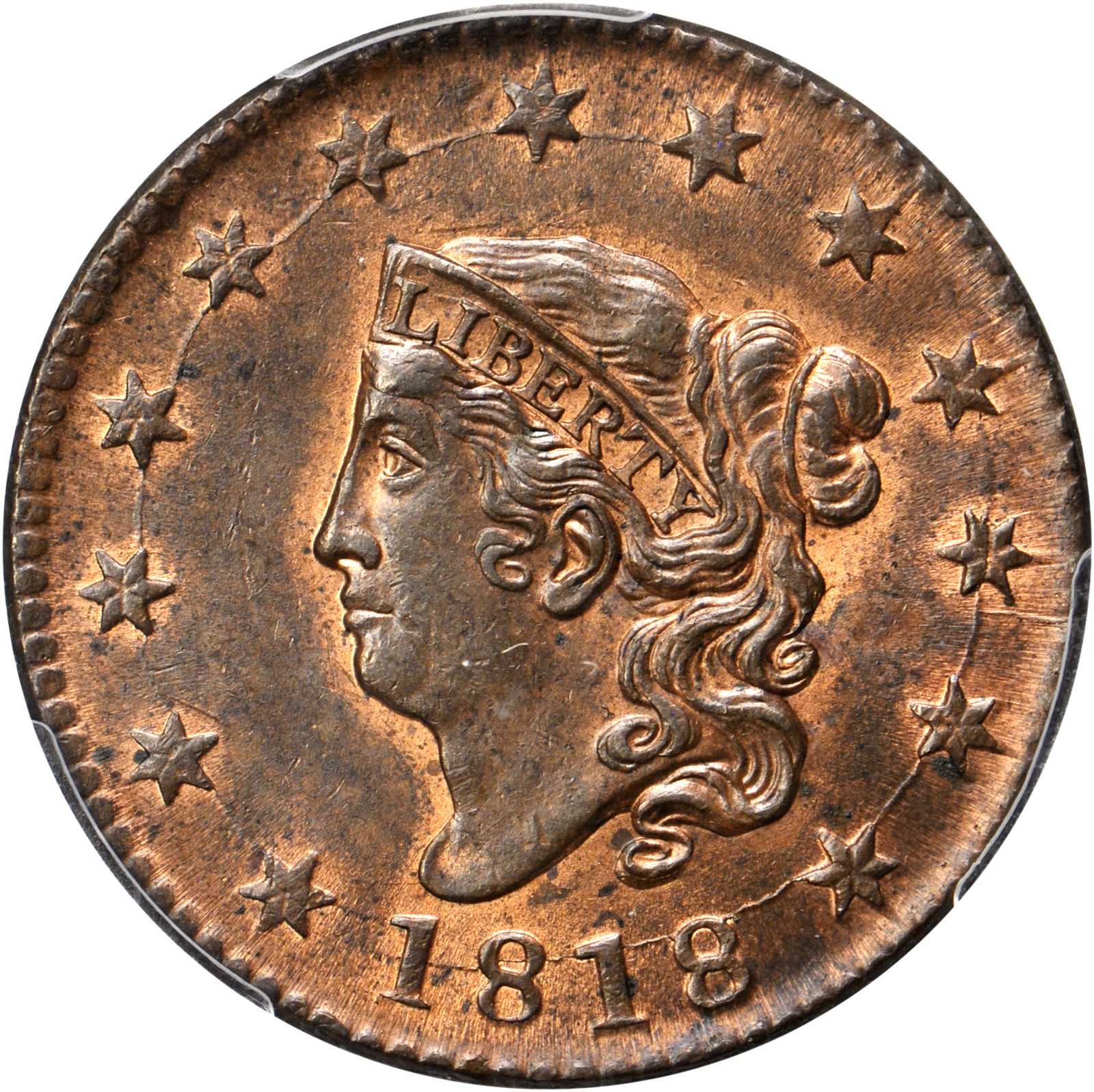 image for: 1818 Matron Head Cent. N-10. Rarity-1. Noyes Die State C/B. MS-63+ RB (PCGS). CAC.
