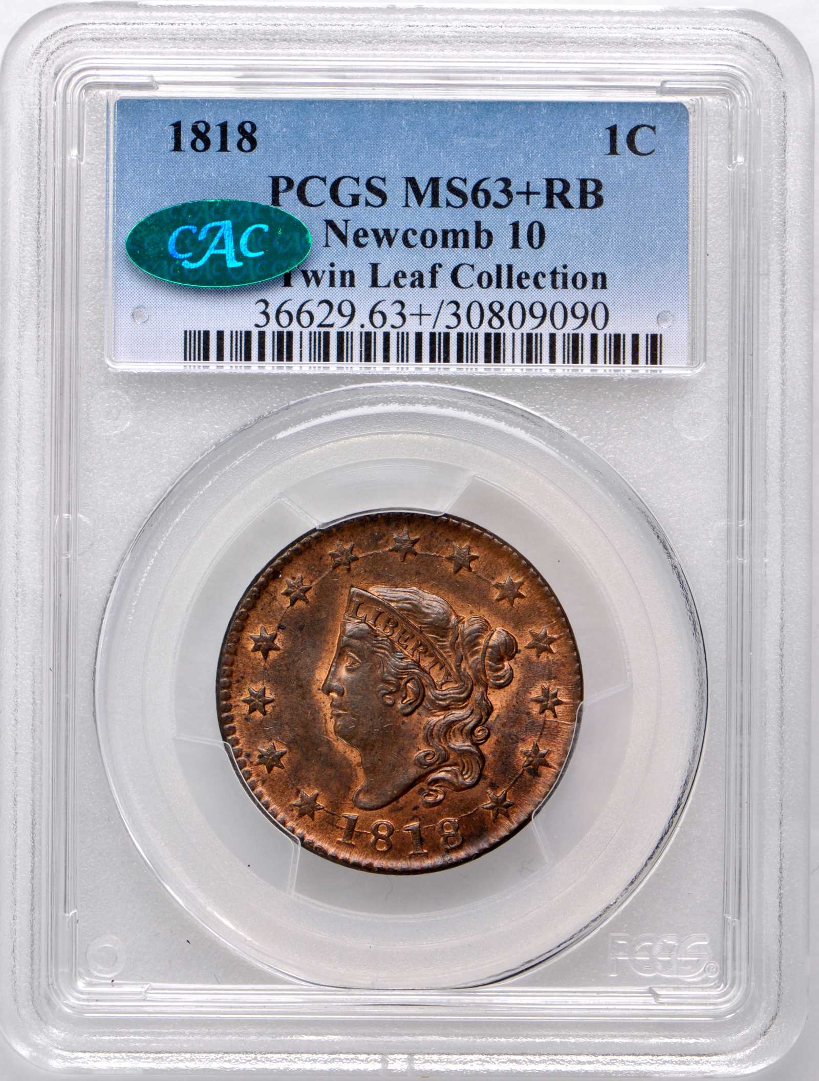 image for: 1818 Matron Head Cent. N-10. Rarity-1. Noyes Die State C/B. MS-63+ RB (PCGS). CAC.