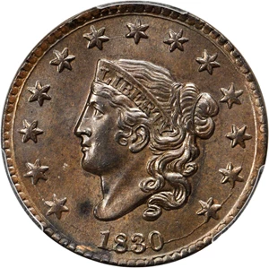 image for: 1830 Matron Head Cent. N-4. Rarity-2. Large Letters. Noyes Die State B/C. MS-64 BN (PCGS).