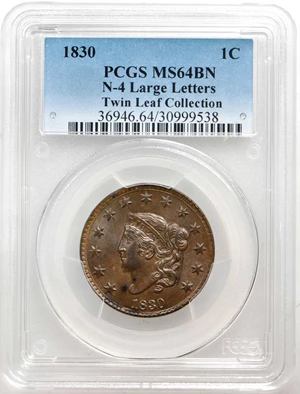 image for: 1830 Matron Head Cent. N-4. Rarity-2. Large Letters. Noyes Die State B/C. MS-64 BN (PCGS).