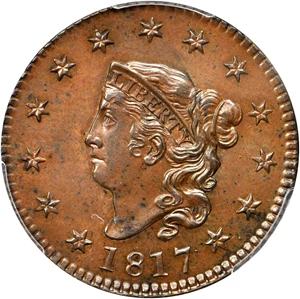 image for: 1817 Matron Head Cent. N-8. Rarity-2. 13 Stars. Noyes Die State A/B. MS-64 BN (PCGS). CAC.