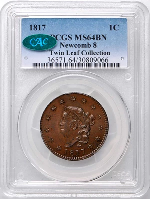 image for: 1817 Matron Head Cent. N-8. Rarity-2. 13 Stars. Noyes Die State A/B. MS-64 BN (PCGS). CAC.