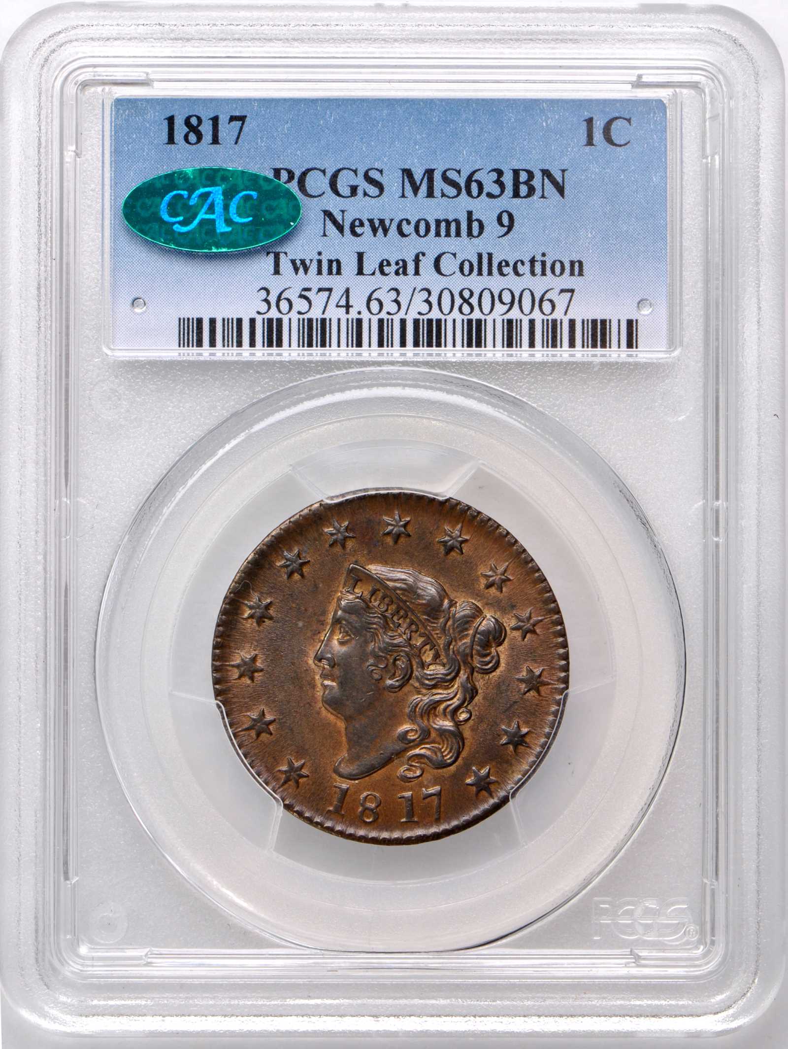 image for: 1817 Matron Head Cent. N-9. Rarity-2. Triple Profile. Noyes Die State B/B. MS-63 BN (PCGS). CAC.