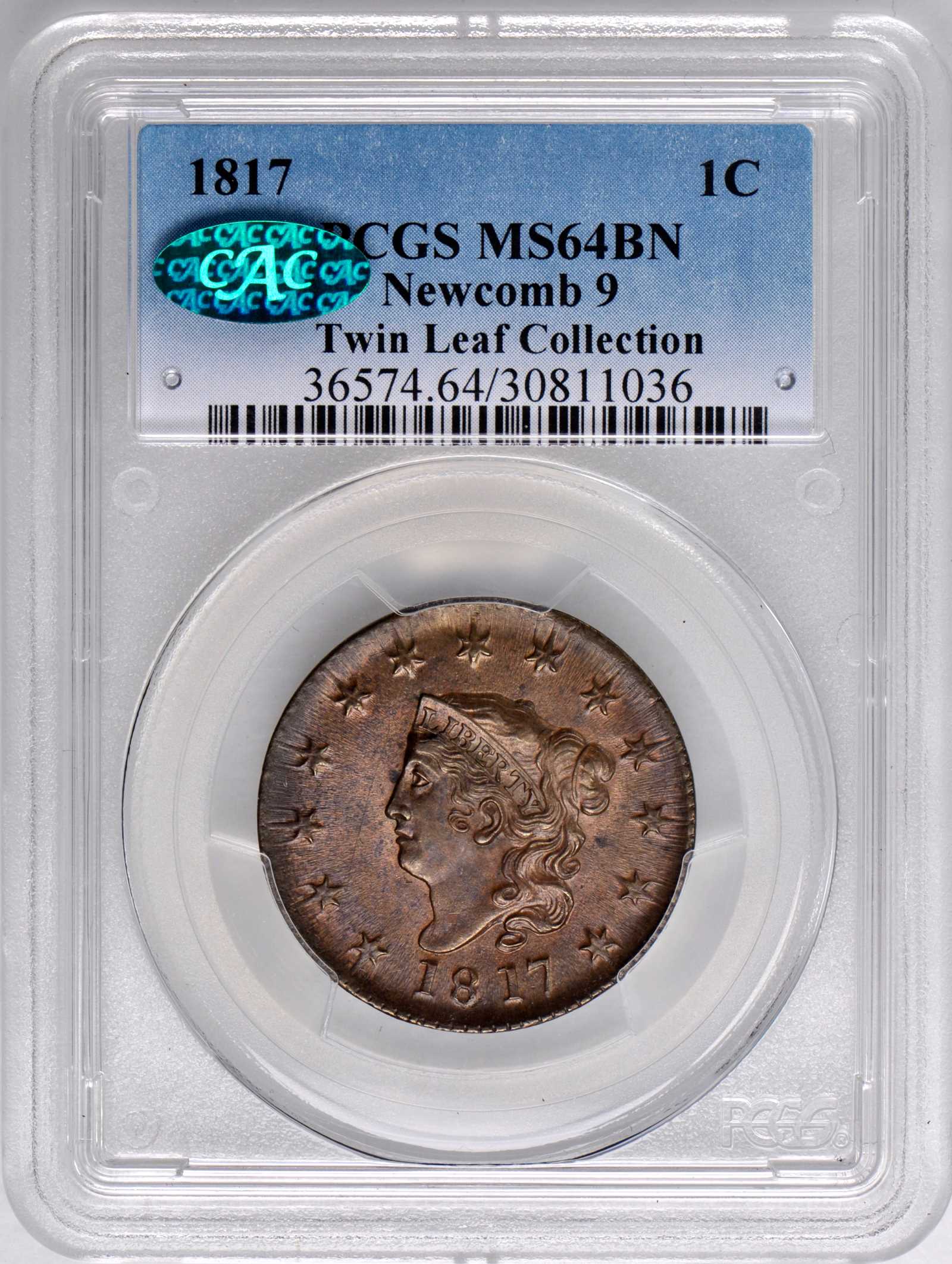 image for: 1817 Matron Head Cent. N-9. Rarity-2. 13 Stars. Mouse. Noyes Die State C/C. MS-64 BN (PCGS). CAC.
