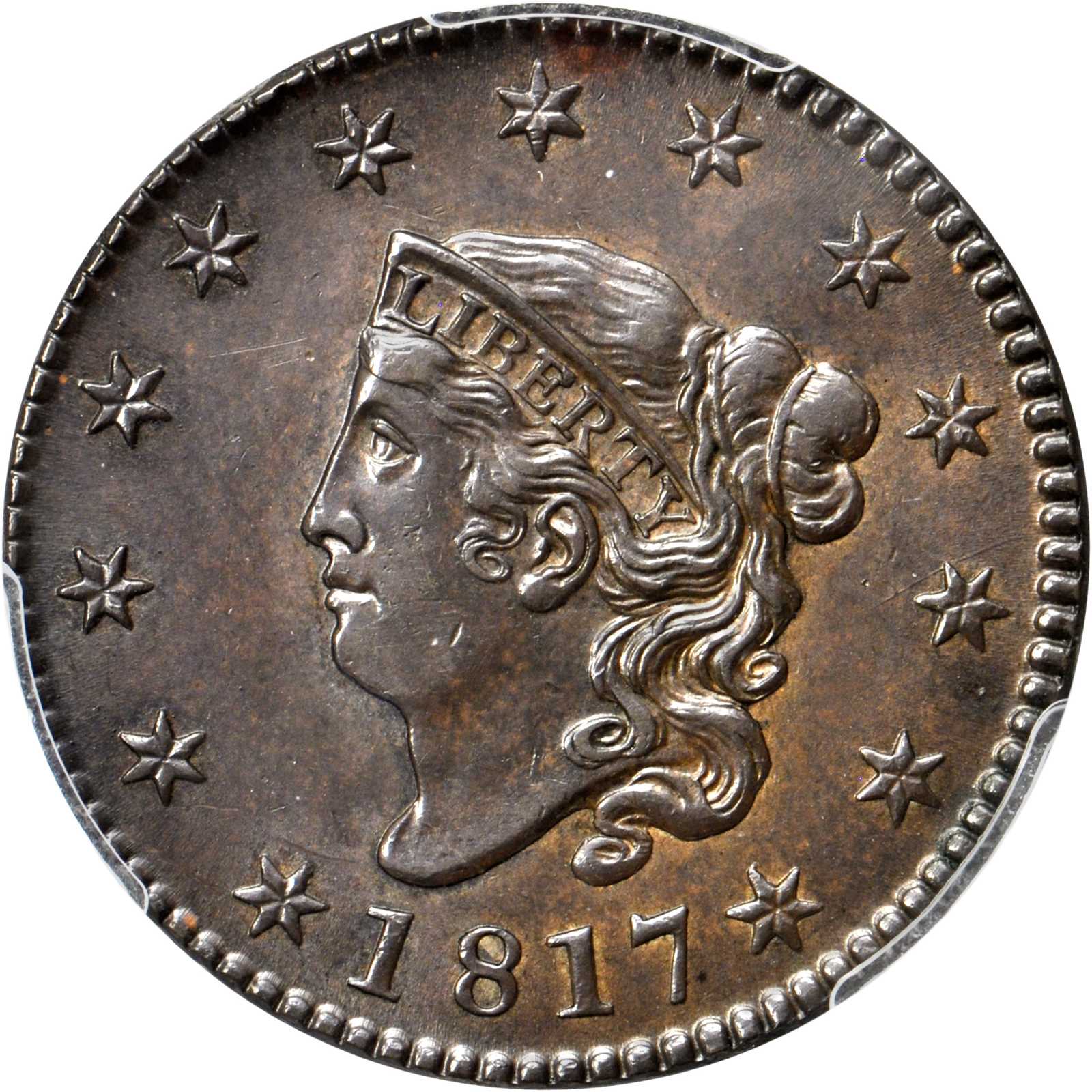 image for: 1817 Matron Head Cent. N-10. Rarity-1. 13 Stars. Noyes Die State A/A. MS-62 BN (PCGS). CAC.