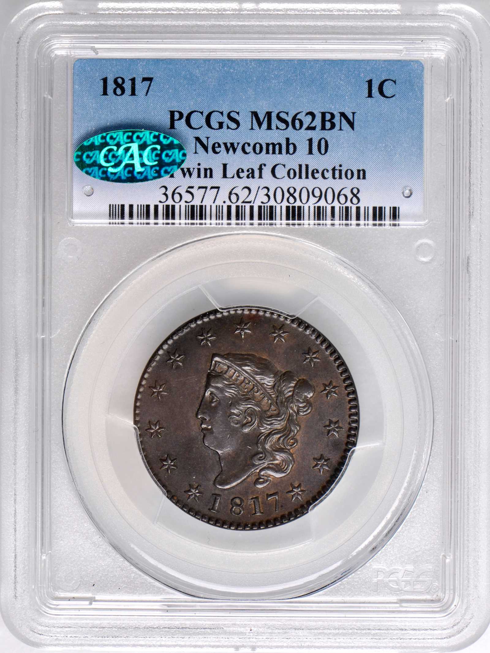 image for: 1817 Matron Head Cent. N-10. Rarity-1. 13 Stars. Noyes Die State A/A. MS-62 BN (PCGS). CAC.