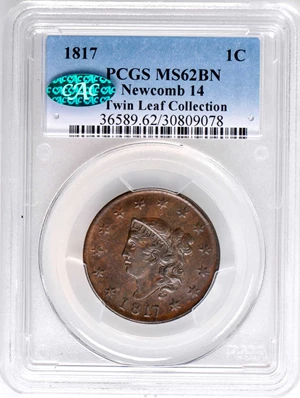 image for: 1817 Matron Head Cent. N-14. Rarity-1. 13 Stars. Noyes Die State C/C. MS-62 BN (PCGS). CAC.