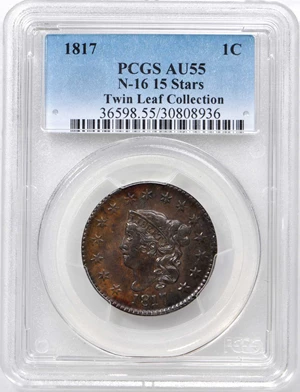 image for: 1817 Matron Head Cent. N-16. Rarity-1. 15 Stars. Noyes Die State B/B. AU-55 (PCGS).