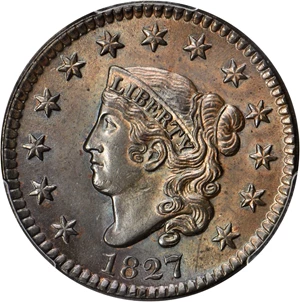 image for: 1827 Matron Head Cent. N-11. Rarity-1. Noyes Die State A/A. MS-63 BN (PCGS). CAC.