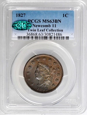 image for: 1827 Matron Head Cent. N-11. Rarity-1. Noyes Die State A/A. MS-63 BN (PCGS). CAC.