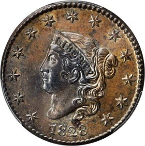 image for: 1828 Matron Head Cent. N-9. Rarity-4. Large Narrow Date. Noyes Die State A/A. Unc Details--Environmental Damage (PCGS).