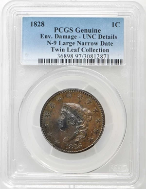 image for: 1828 Matron Head Cent. N-9. Rarity-4. Large Narrow Date. Noyes Die State A/A. Unc Details--Environmental Damage (PCGS).