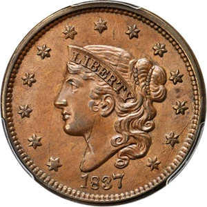 image for: 1837 Modified Matron Head Cent. N-9. Rarity-1. Head of 1838. Noyes Die State E/C. MS-63 BN (PCGS). CAC.