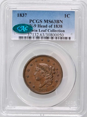 image for: 1837 Modified Matron Head Cent. N-9. Rarity-1. Head of 1838. Noyes Die State E/C. MS-63 BN (PCGS). CAC.
