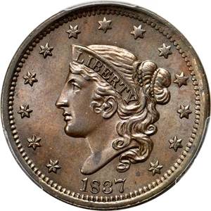 image for: 1837 Modified Matron Head Cent. N-10. Rarity-1. Head of 1838. Noyes Die State A/B. MS-65 BN (PCGS). CAC.