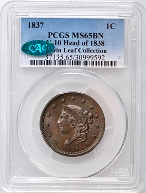 image for: 1837 Modified Matron Head Cent. N-10. Rarity-1. Head of 1838. Noyes Die State A/B. MS-65 BN (PCGS). CAC.