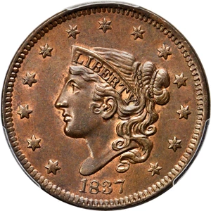 image for: 1837 Modified Matron Head Cent. N-12. Rarity-3. Head of 1838. Noyes Die State A/A. MS-64 BN (PCGS). CAC.