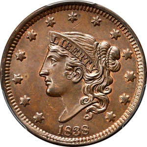 image for: 1838 Modified Matron Head Cent. N-3. Rarity-1. Noyes Die State A/A. MS-64 BN (PCGS). CAC.