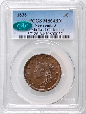image for: 1838 Modified Matron Head Cent. N-3. Rarity-1. Noyes Die State A/A. MS-64 BN (PCGS). CAC.