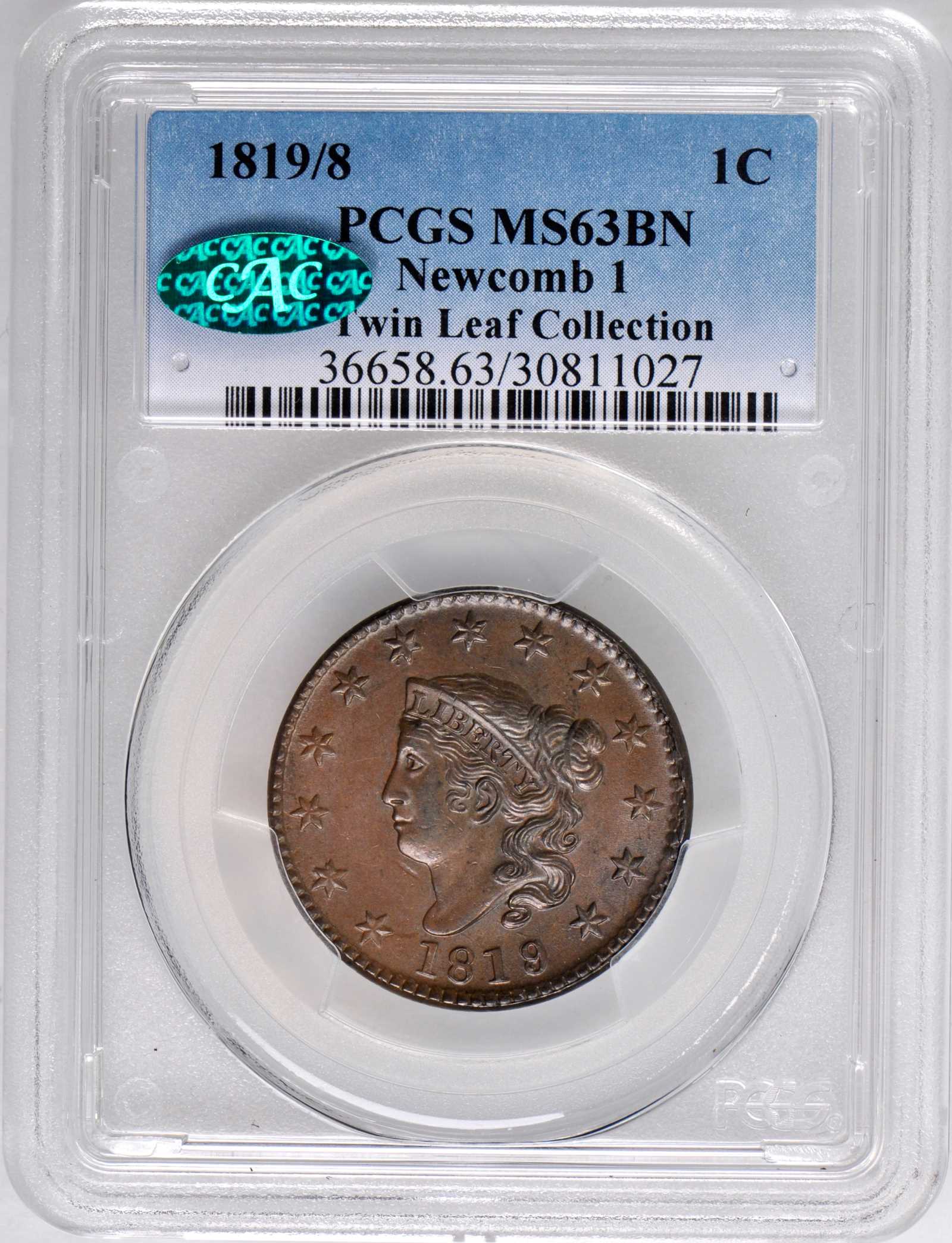image for: 1819/8 Matron Head Cent. N-1. Rarity-1. Noyes Die State B/B. MS-63 BN (PCGS). CAC.