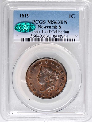 image for: 1819 Matron Head Cent. N-8. Rarity-1. Noyes Die State B/B. MS-63 BN (PCGS). CAC.