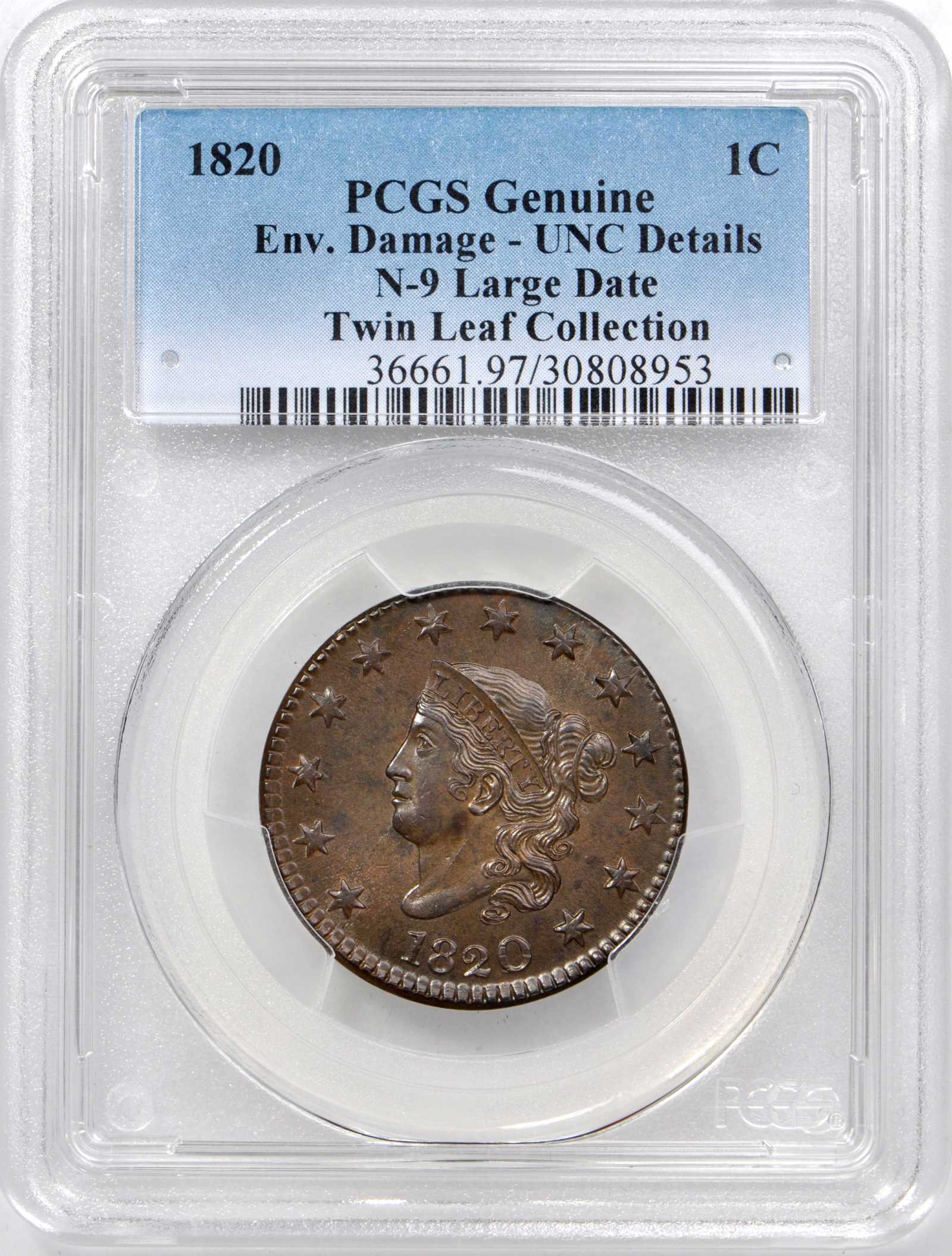 image for: 1820 Matron Head Cent. N-9. Rarity-3. Large Date. Noyes Die State A/A. Unc Details--Environmental Damage (PCGS)