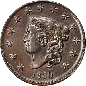 image for: 1830 Matron Head Cent. N-6. Rarity-4. Medium Letters. Noyes Die State B/B. AU-50 (PCGS).