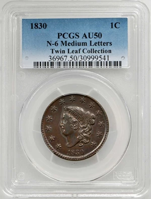 image for: 1830 Matron Head Cent. N-6. Rarity-4. Medium Letters. Noyes Die State B/B. AU-50 (PCGS).