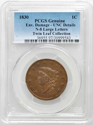 image for: 1830 Matron Head Cent. N-8. Rarity-1. Large Letters. Noyes Die State A/A. Unc Details--Environmental Damage (PCGS).