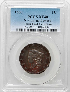 image for: 1830 Matron Head Cent. N-9. Rarity-6. Large Letters. Noyes Die State C/A. EF-40 (PCGS).