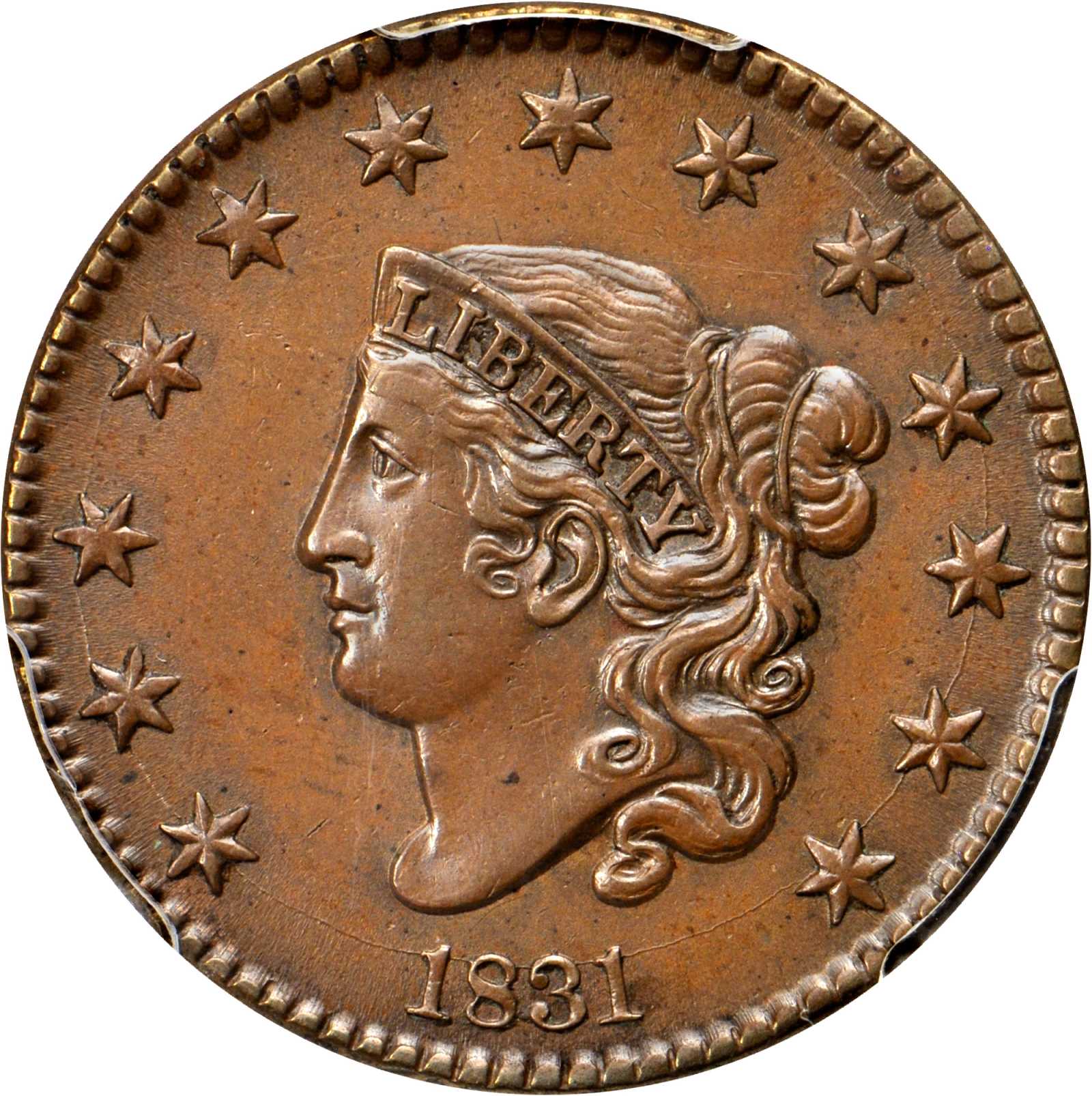 image for: 1831 Matron Head Cent. N-1. Rarity-1. Large Letters. Noyes Die State B/A. AU-58 (PCGS). CAC.
