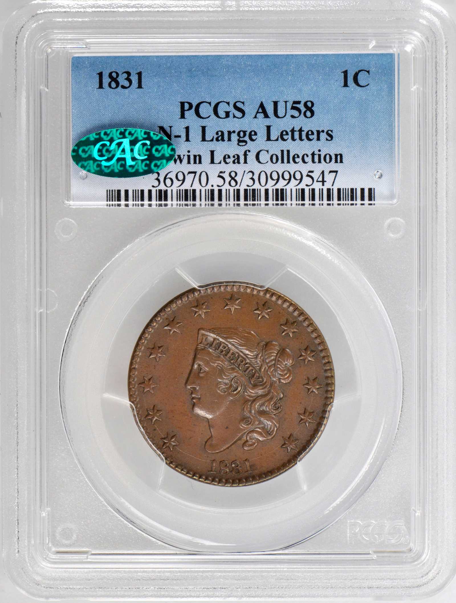 image for: 1831 Matron Head Cent. N-1. Rarity-1. Large Letters. Noyes Die State B/A. AU-58 (PCGS). CAC.