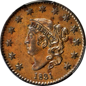 image for: 1831 Matron Head Cent. N-3. Rarity-1. Medium Letters. Double Profile. Noyes Die State B/B. AU-50 (PCGS).
