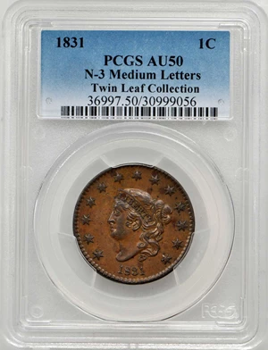 image for: 1831 Matron Head Cent. N-3. Rarity-1. Medium Letters. Double Profile. Noyes Die State B/B. AU-50 (PCGS).