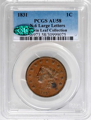 image for: 1831 Matron Head Cent. N-6. Rarity-1. Large Letters. Double Profile. Noyes Die State B/C. AU-58 BN (PCGS). CAC.