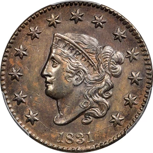 image for: 1831 Matron Head Cent. N-9. Rarity-2. Large Letters. Noyes Die State B/B. MS-62 BN (PCGS).