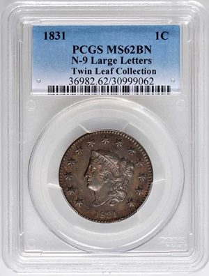 image for: 1831 Matron Head Cent. N-9. Rarity-2. Large Letters. Noyes Die State B/B. MS-62 BN (PCGS).