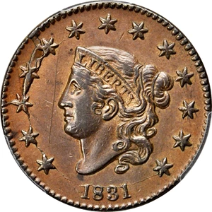 image for: 1831 Matron Head Cent. N-9. Rarity 2 (Rarity-7+ as die state). Large Letters. Noyes Die State D/B. AU Details--Scratch (PCGS).