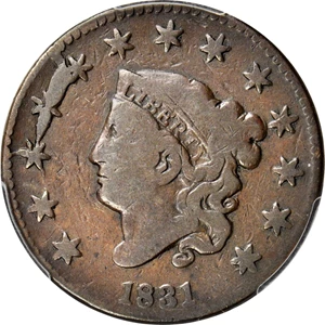 image for: 1831 Matron Head Cent. N-9. Rarity-2 (Unique as a Terminal Die State). Large Letters. Noyes Die State E/X. VG-8 (PCGS). CAC.