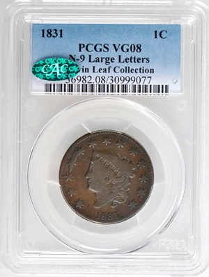 image for: 1831 Matron Head Cent. N-9. Rarity-2 (Unique as a Terminal Die State). Large Letters. Noyes Die State E/X. VG-8 (PCGS). CAC.
