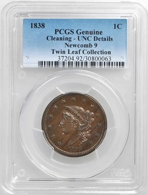 image for: 1838 Modified Matron Head Cent. N-9. Rarity-3. Noyes Die State A/B. Unc Details--Cleaning (PCGS).