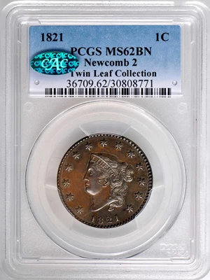 image for: 1821 Matron Head Cent. N-2. Rarity-1. Noyes Die State A/A. MS-62 BN (PCGS). CAC.