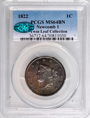 image for: 1822 Matron Head Cent. N-1. Rarity-3. Noyes Die State A/C. MS-64 BN (PCGS). CAC.