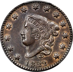 image for: 1822 Matron Head Cent. N-3. Rarity-2. Noyes Die State A/B. AU-55 (PCGS). CAC.