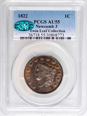 image for: 1822 Matron Head Cent. N-3. Rarity-2. Noyes Die State A/B. AU-55 (PCGS). CAC.