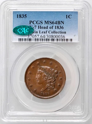 image for: 1835 Matron Head Cent. N-7. Rarity-1. Head of 1836. Double Profile. Noyes Die State B/B (N-17). MS-64 BN (PCGS). CAC.