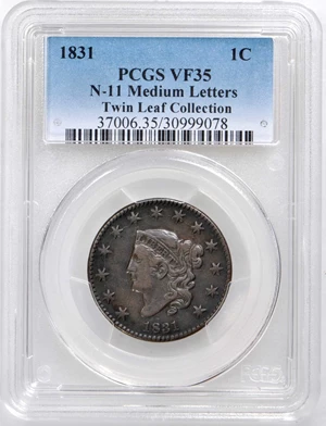 image for: 1831 Matron Head Cent. N-11. Rarity-2. Medium Letters. Noyes Die State D/C. VF-35 (PCGS).