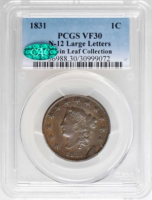 image for: 1831 Matron Head Cent. N-12/2. Rarity-1 (Rarity-6 as die state). Large Letters. Double Profile. Noyes Die State I/B. VF-30 (PCGS). CAC.